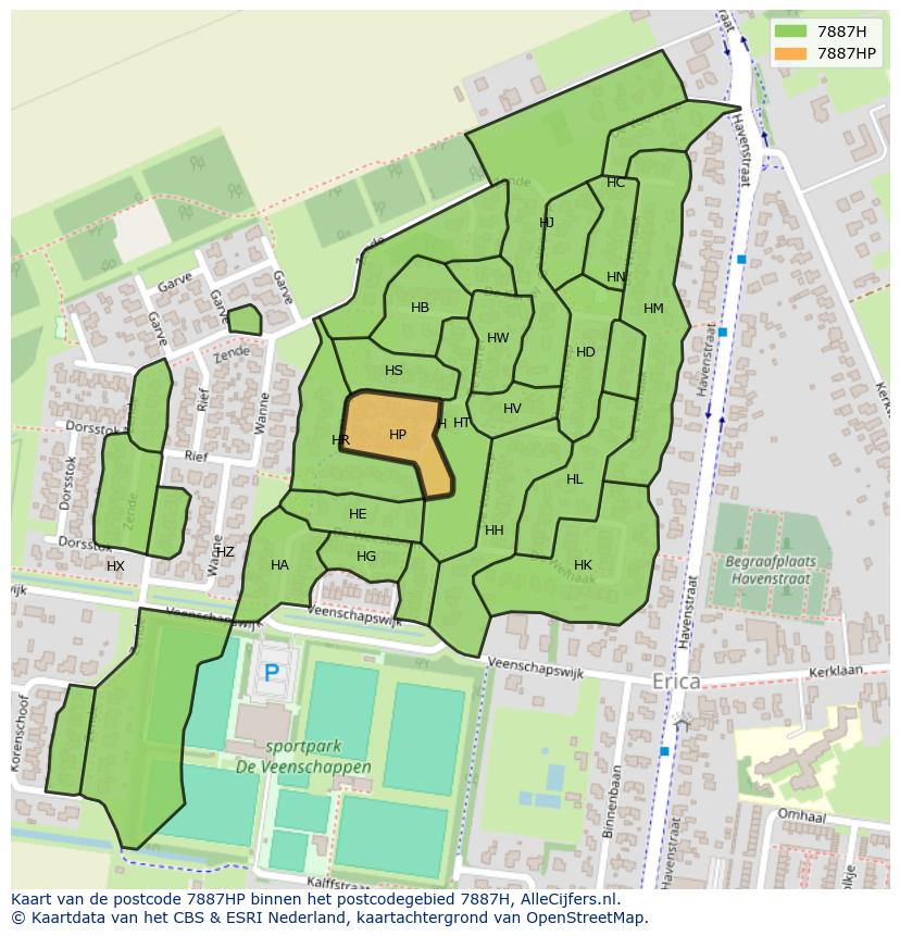 Afbeelding van het postcodegebied 7887 HP op de kaart.