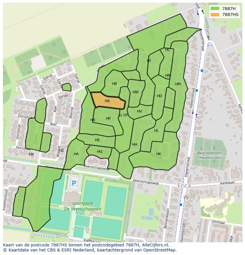Afbeelding van het postcodegebied 7887 HS op de kaart.