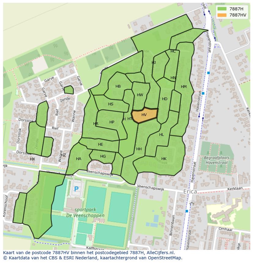 Afbeelding van het postcodegebied 7887 HV op de kaart.