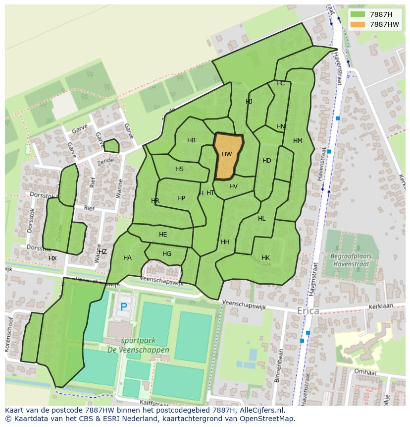 Afbeelding van het postcodegebied 7887 HW op de kaart.