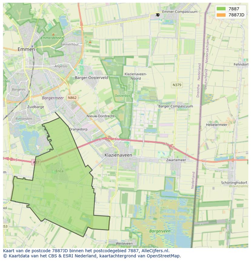 Afbeelding van het postcodegebied 7887 JD op de kaart.