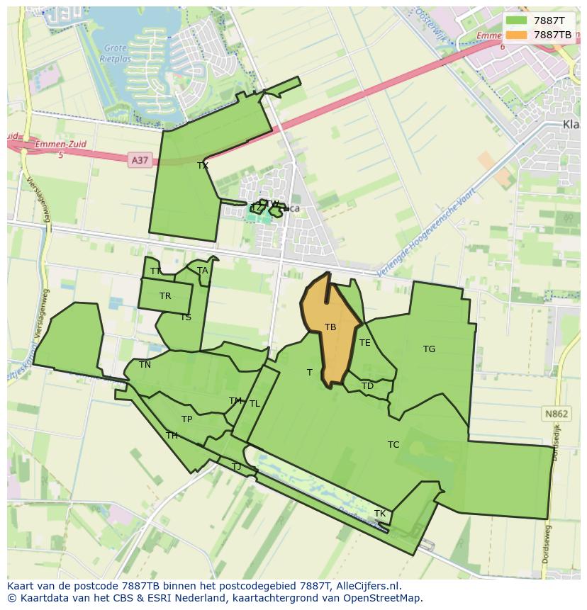 Afbeelding van het postcodegebied 7887 TB op de kaart.