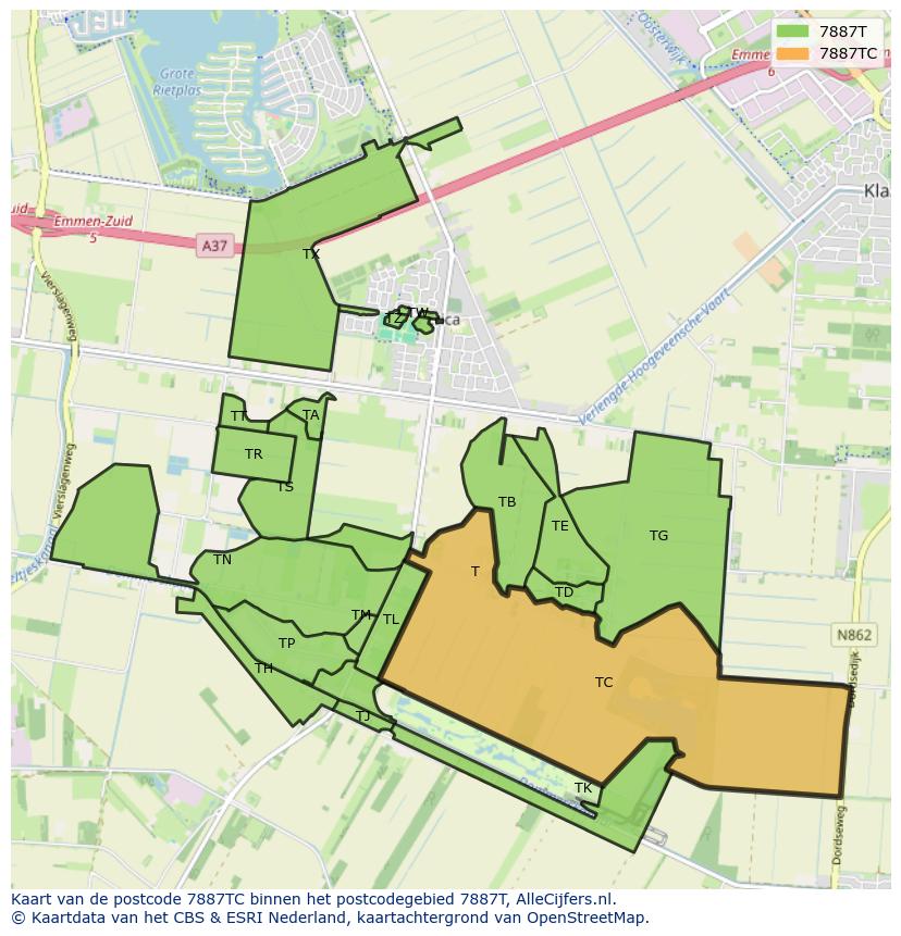 Afbeelding van het postcodegebied 7887 TC op de kaart.