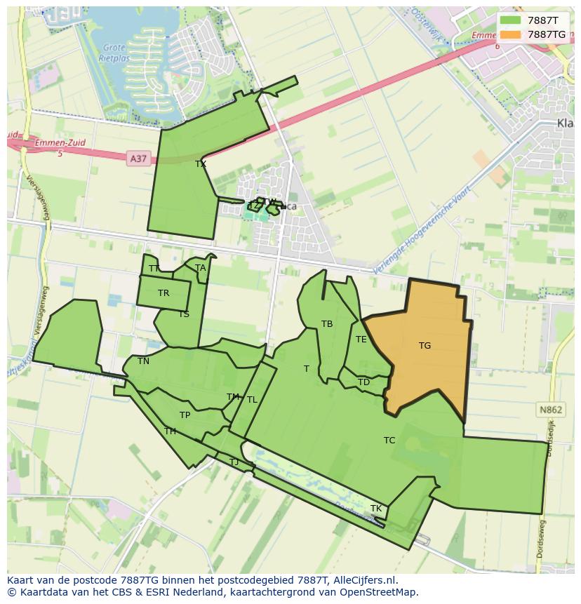 Afbeelding van het postcodegebied 7887 TG op de kaart.
