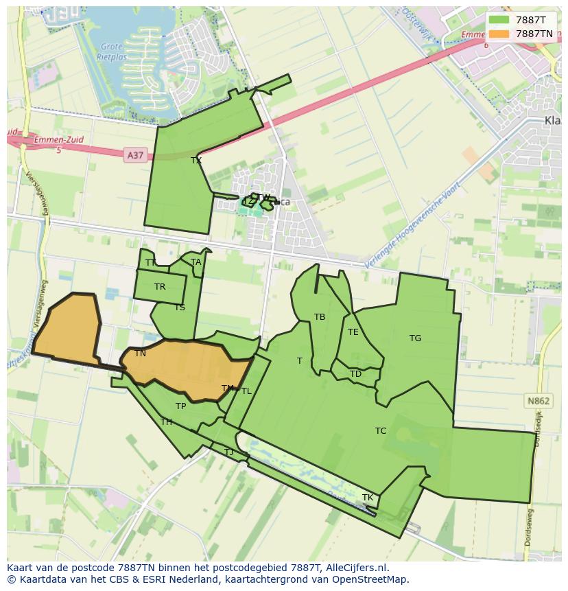 Afbeelding van het postcodegebied 7887 TN op de kaart.