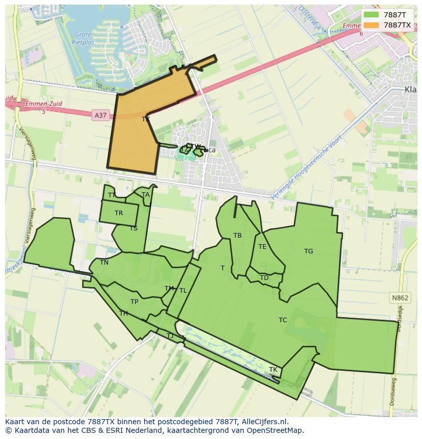Afbeelding van het postcodegebied 7887 TX op de kaart.