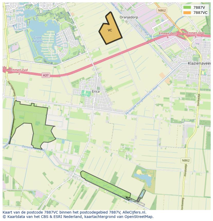 Afbeelding van het postcodegebied 7887 VC op de kaart.