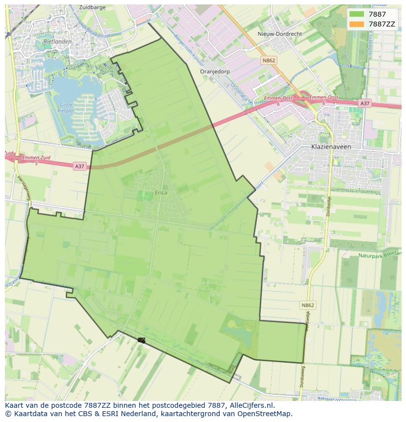 Afbeelding van het postcodegebied 7887 ZZ op de kaart.