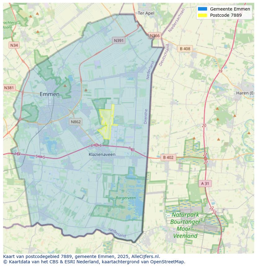 Afbeelding van het postcodegebied 7889 op de kaart.