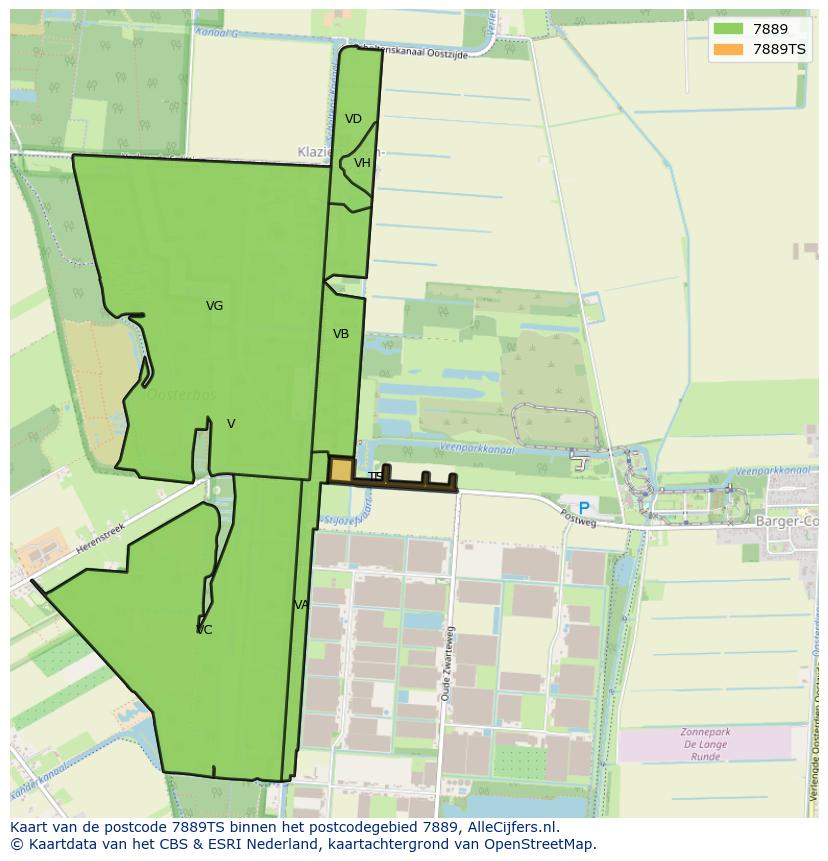 Afbeelding van het postcodegebied 7889 TS op de kaart.