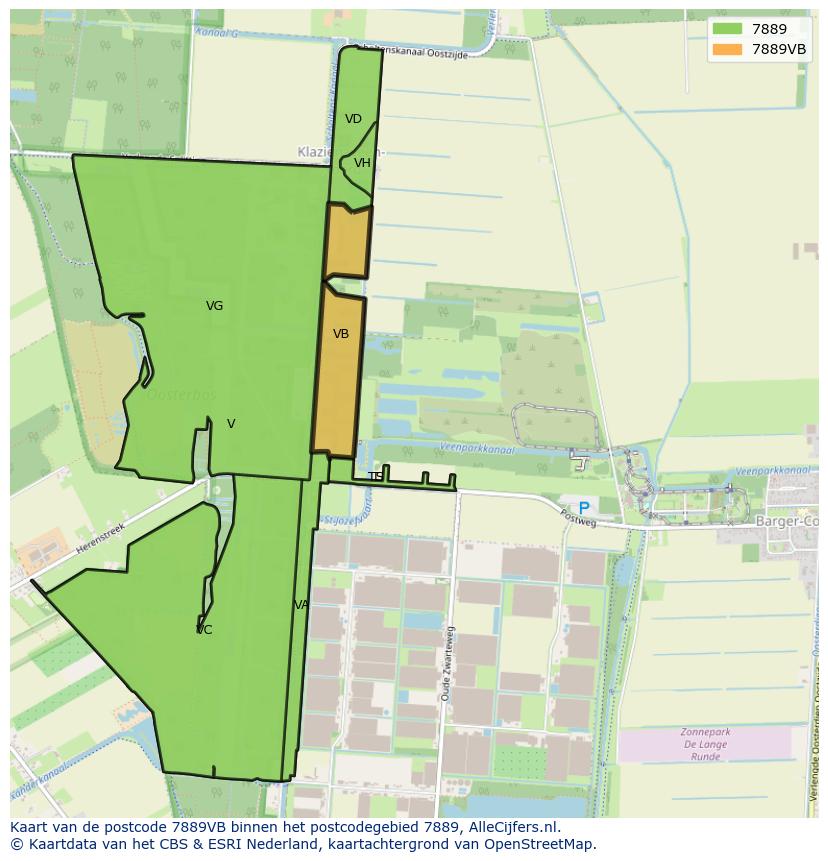 Afbeelding van het postcodegebied 7889 VB op de kaart.