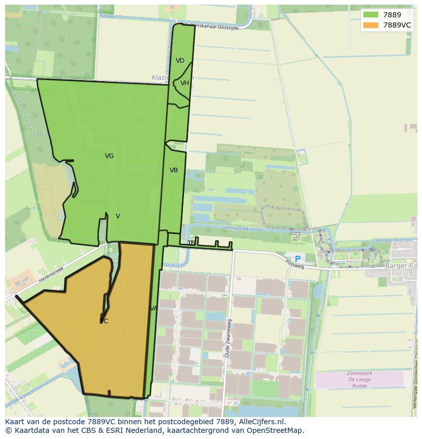 Afbeelding van het postcodegebied 7889 VC op de kaart.