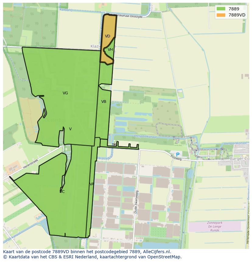 Afbeelding van het postcodegebied 7889 VD op de kaart.