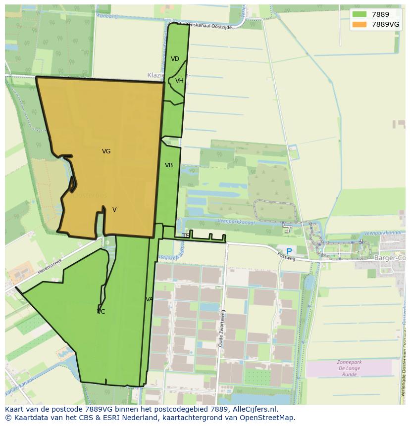 Afbeelding van het postcodegebied 7889 VG op de kaart.