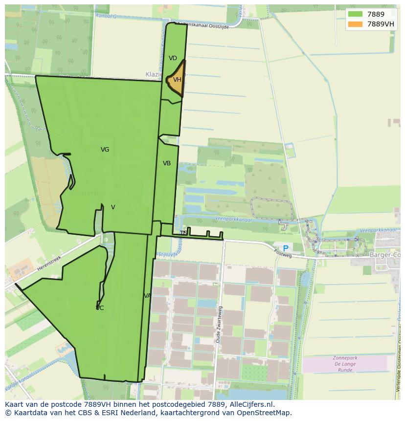 Afbeelding van het postcodegebied 7889 VH op de kaart.
