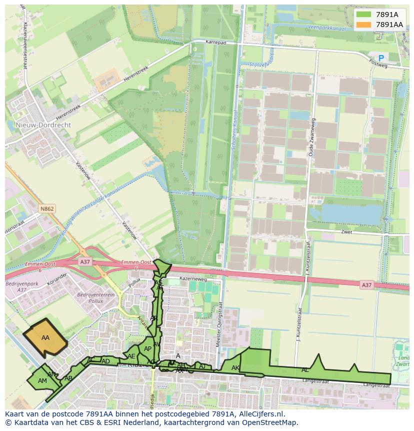 Afbeelding van het postcodegebied 7891 AA op de kaart.