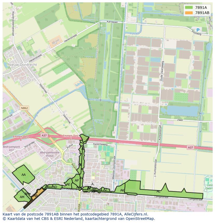 Afbeelding van het postcodegebied 7891 AB op de kaart.