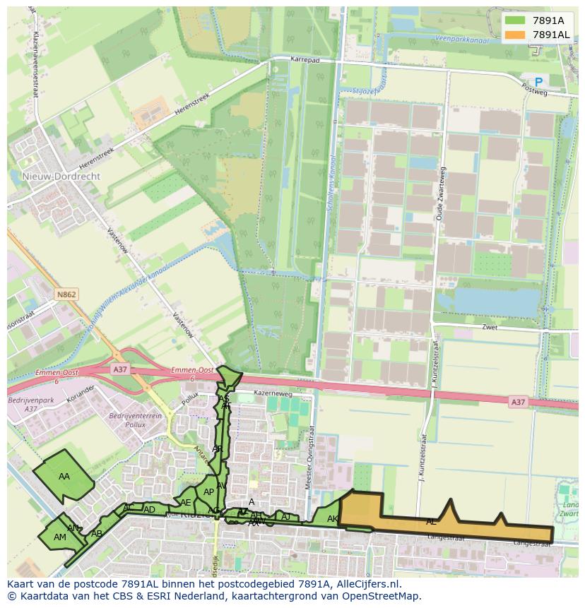 Afbeelding van het postcodegebied 7891 AL op de kaart.