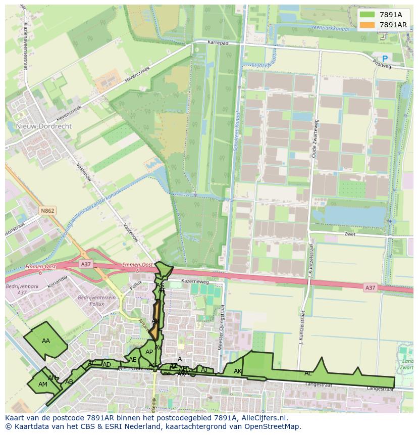 Afbeelding van het postcodegebied 7891 AR op de kaart.