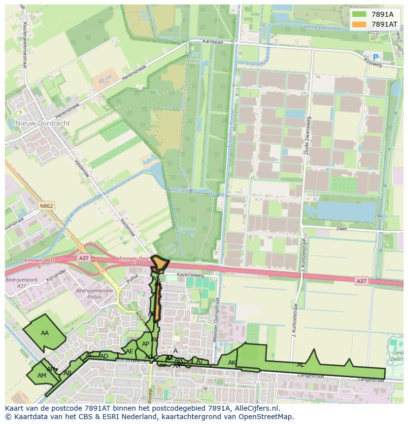 Afbeelding van het postcodegebied 7891 AT op de kaart.