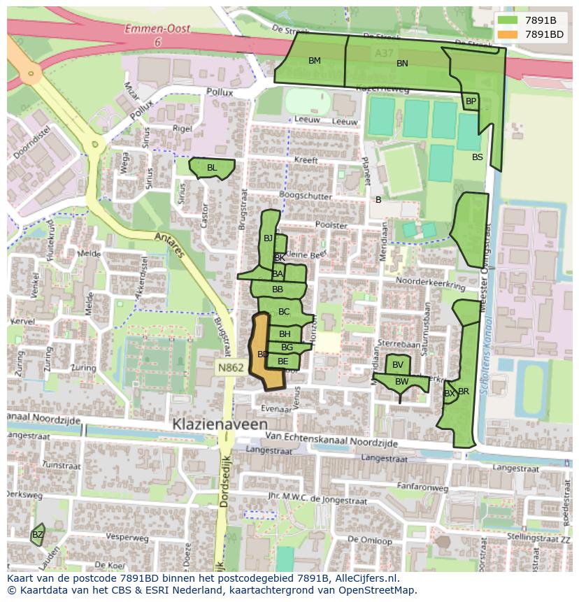 Afbeelding van het postcodegebied 7891 BD op de kaart.