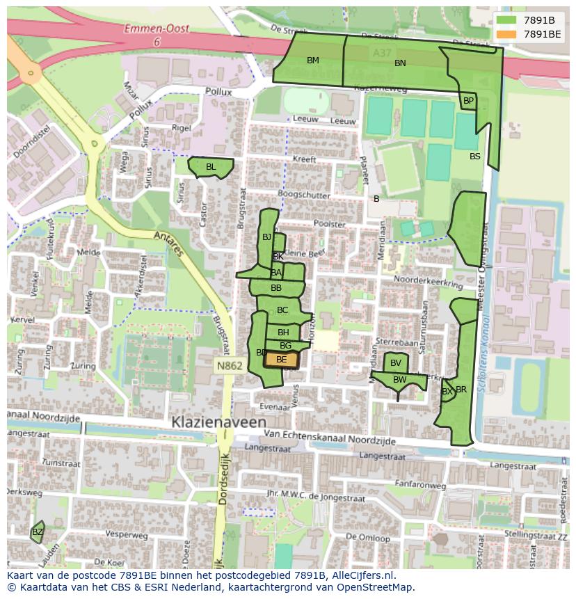 Afbeelding van het postcodegebied 7891 BE op de kaart.