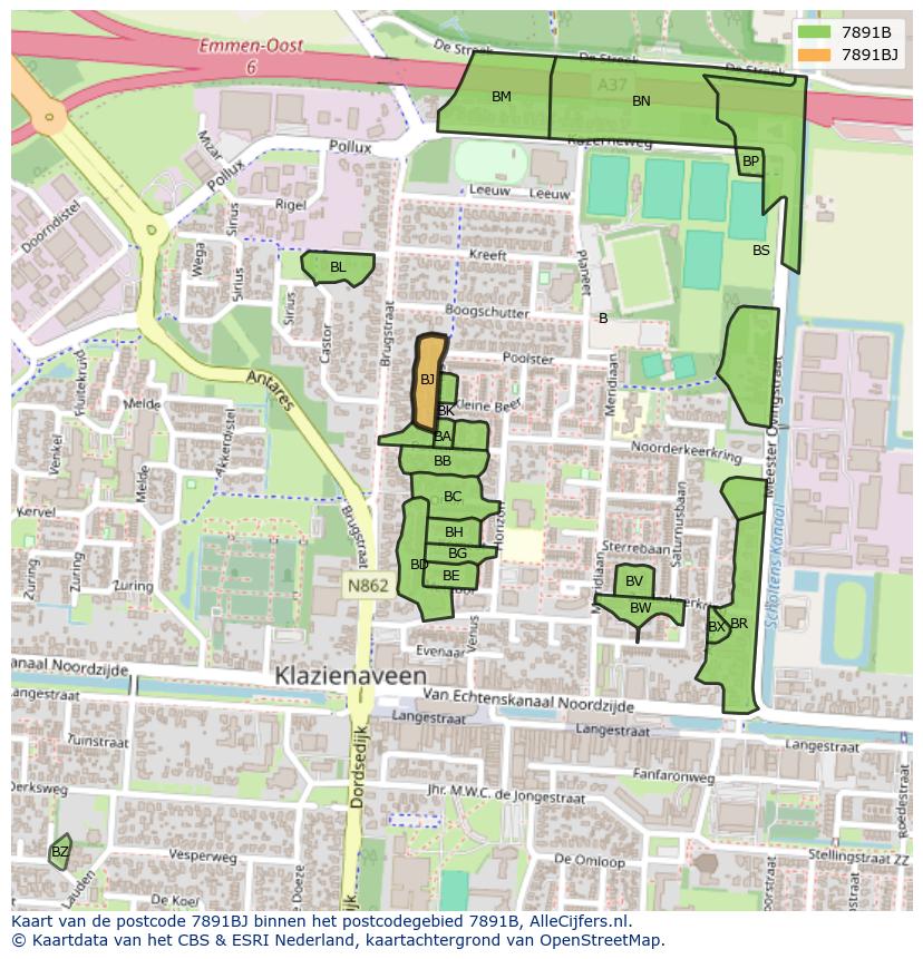 Afbeelding van het postcodegebied 7891 BJ op de kaart.