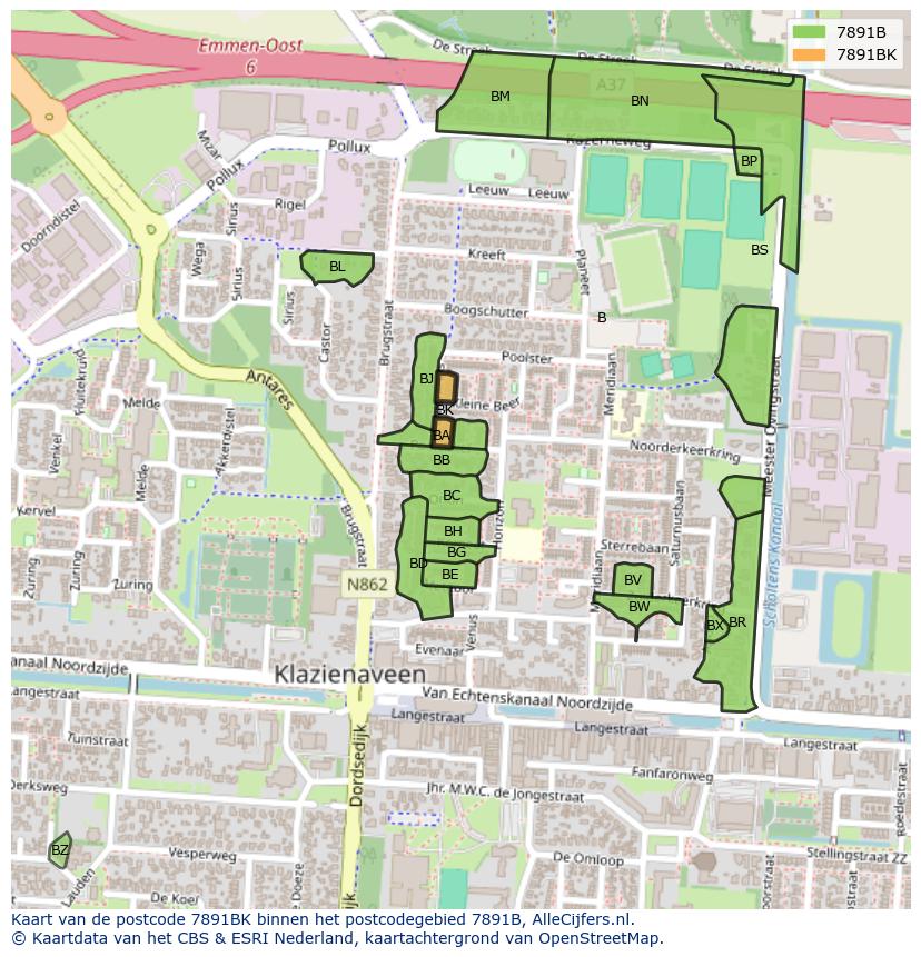 Afbeelding van het postcodegebied 7891 BK op de kaart.