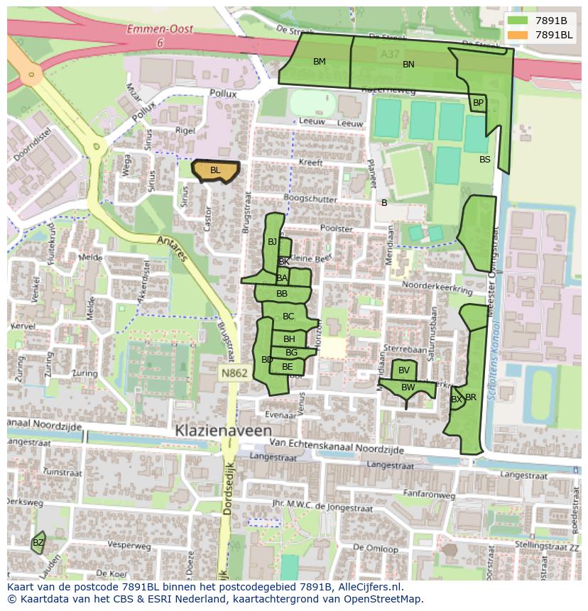 Afbeelding van het postcodegebied 7891 BL op de kaart.