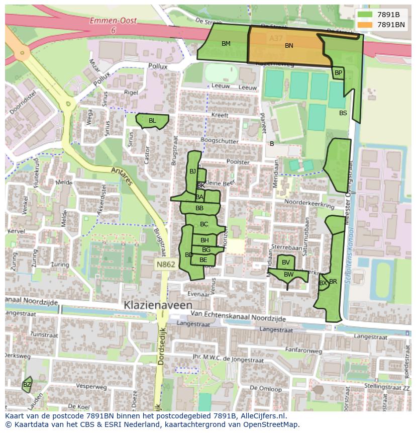 Afbeelding van het postcodegebied 7891 BN op de kaart.