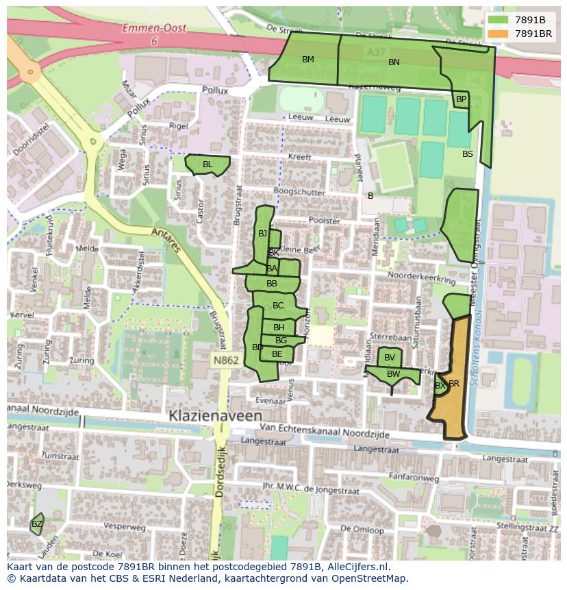 Afbeelding van het postcodegebied 7891 BR op de kaart.