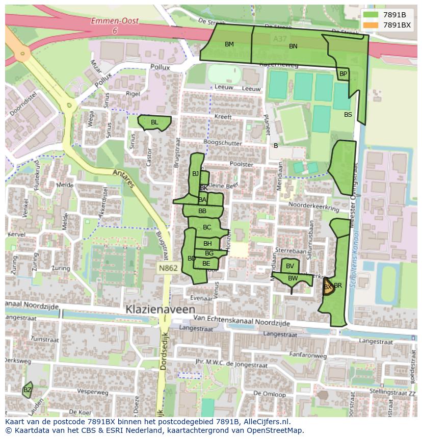 Afbeelding van het postcodegebied 7891 BX op de kaart.