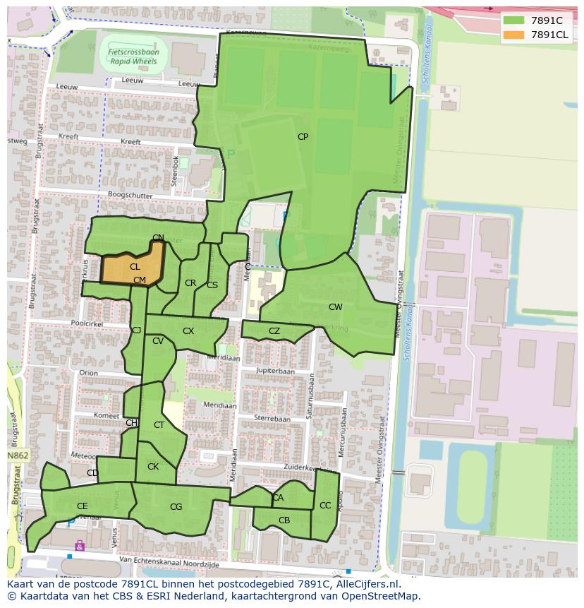 Afbeelding van het postcodegebied 7891 CL op de kaart.