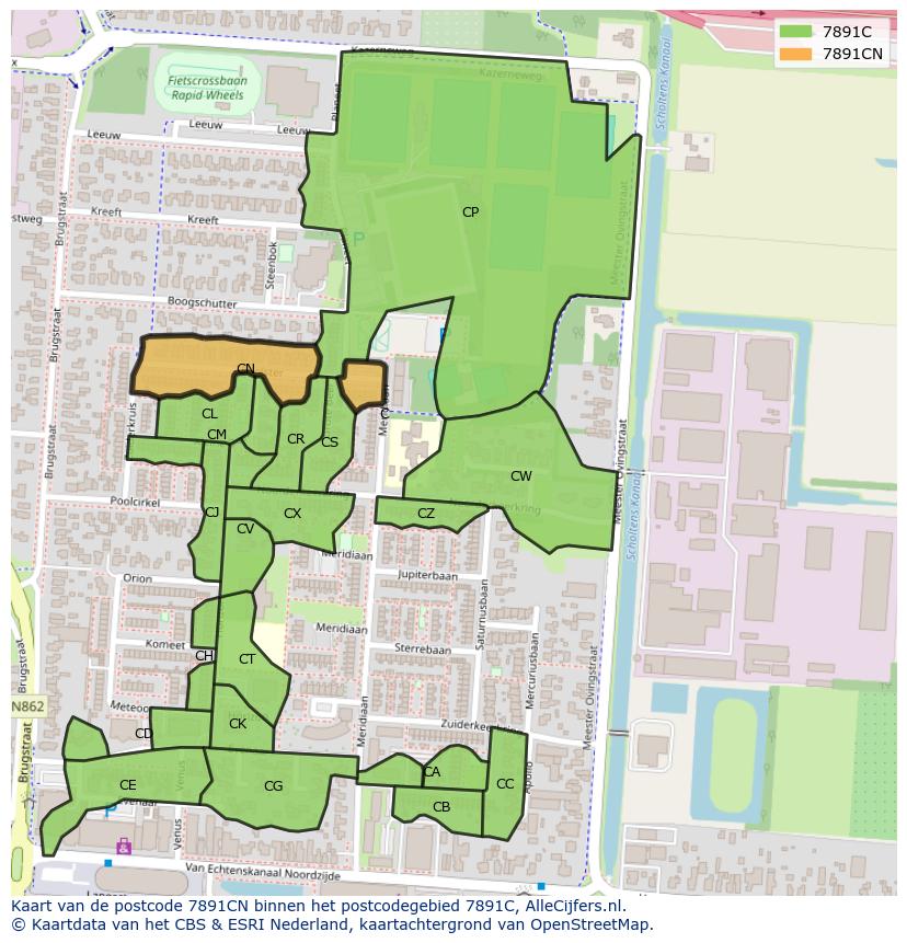 Afbeelding van het postcodegebied 7891 CN op de kaart.