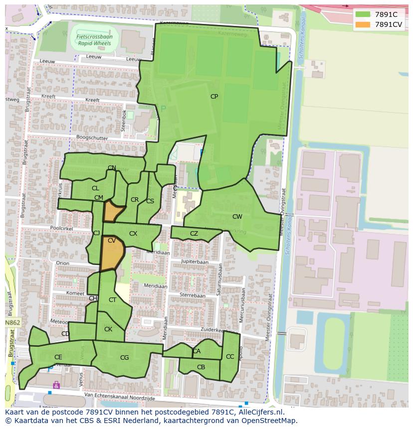 Afbeelding van het postcodegebied 7891 CV op de kaart.
