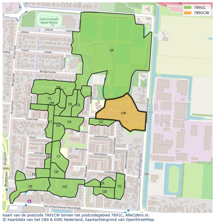 Afbeelding van het postcodegebied 7891 CW op de kaart.