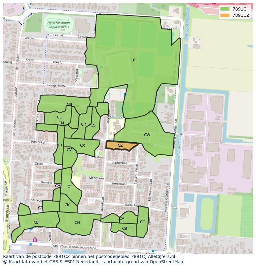 Afbeelding van het postcodegebied 7891 CZ op de kaart.