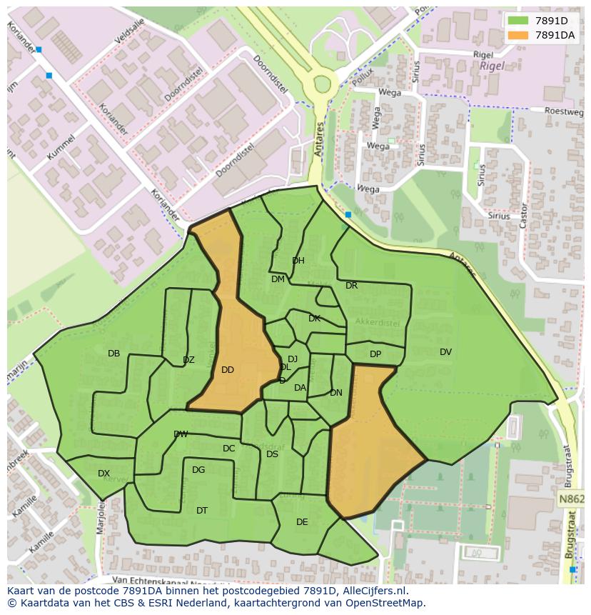 Afbeelding van het postcodegebied 7891 DA op de kaart.