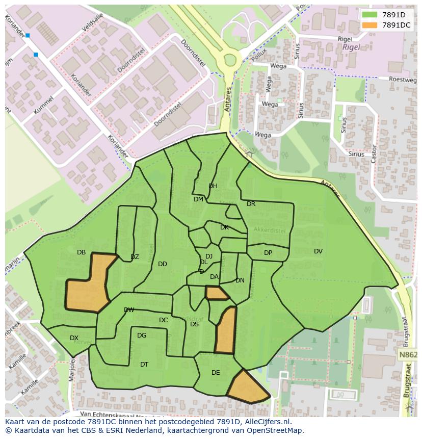 Afbeelding van het postcodegebied 7891 DC op de kaart.