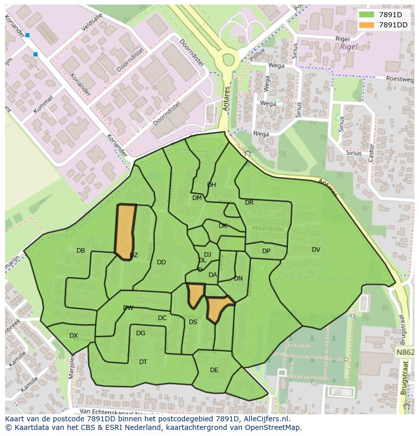 Afbeelding van het postcodegebied 7891 DD op de kaart.