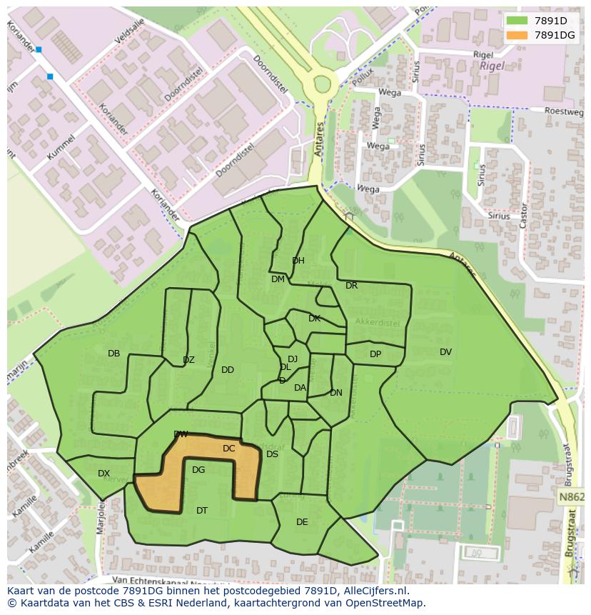 Afbeelding van het postcodegebied 7891 DG op de kaart.
