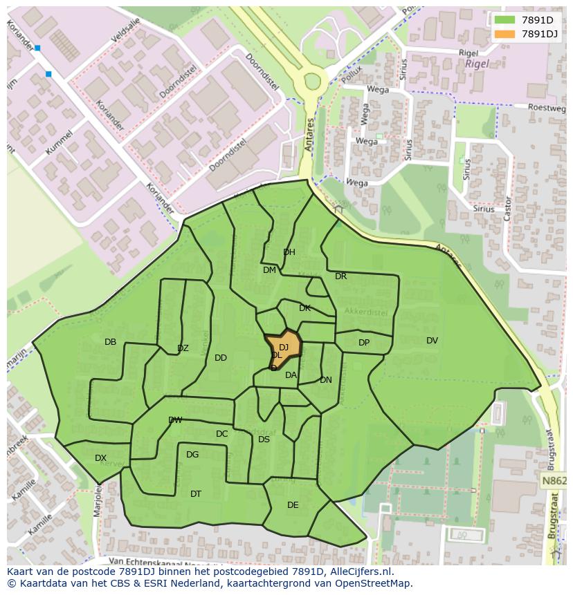 Afbeelding van het postcodegebied 7891 DJ op de kaart.