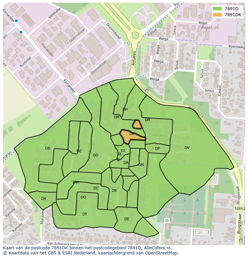 Afbeelding van het postcodegebied 7891 DK op de kaart.
