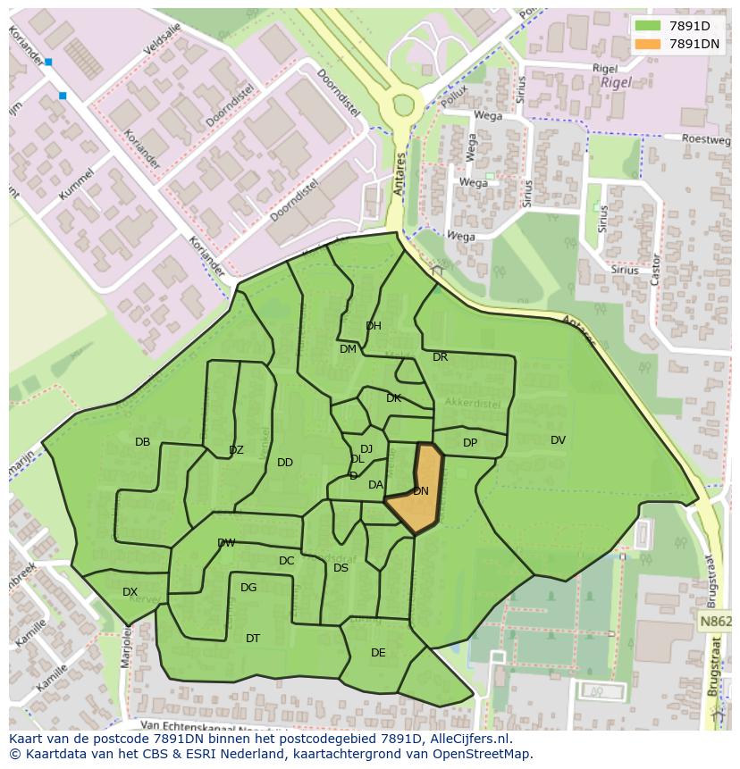 Afbeelding van het postcodegebied 7891 DN op de kaart.