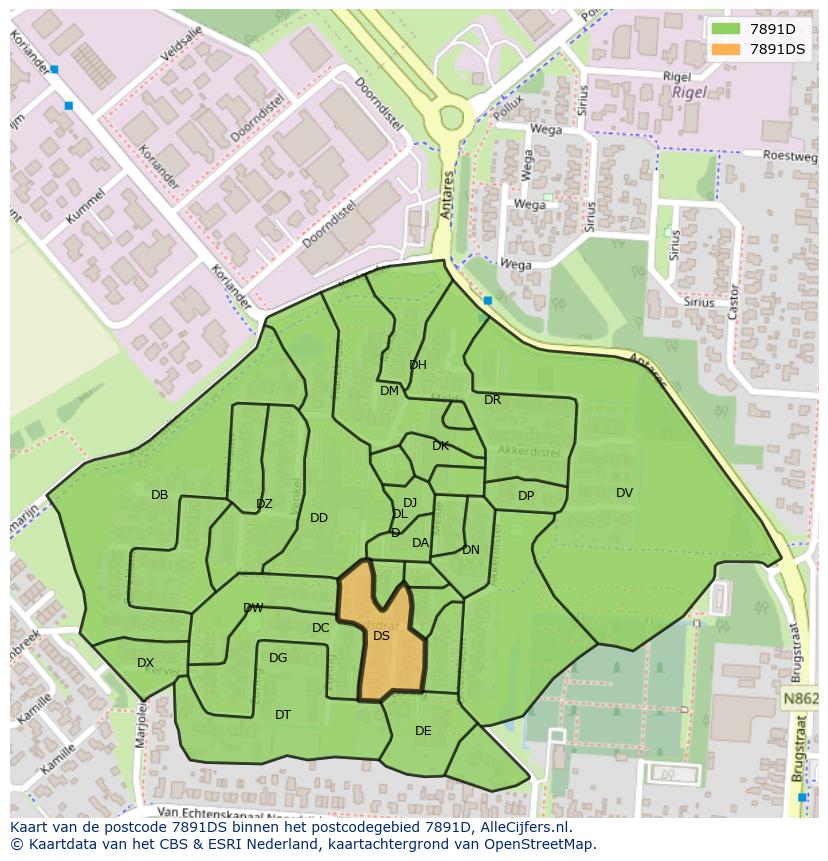 Afbeelding van het postcodegebied 7891 DS op de kaart.