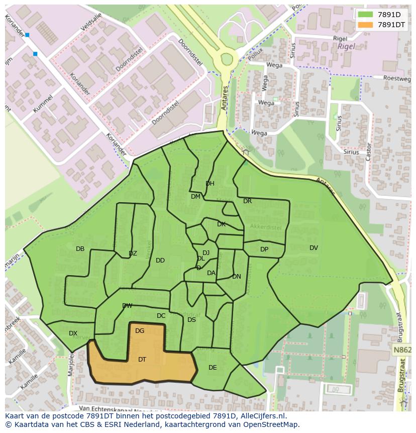 Afbeelding van het postcodegebied 7891 DT op de kaart.