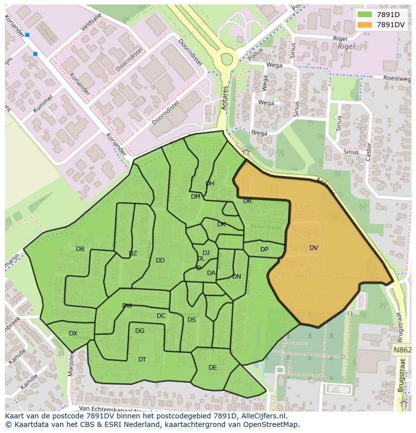 Afbeelding van het postcodegebied 7891 DV op de kaart.