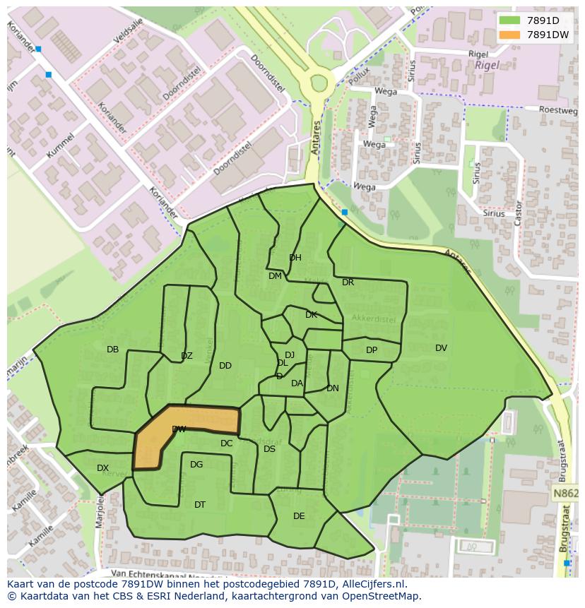 Afbeelding van het postcodegebied 7891 DW op de kaart.