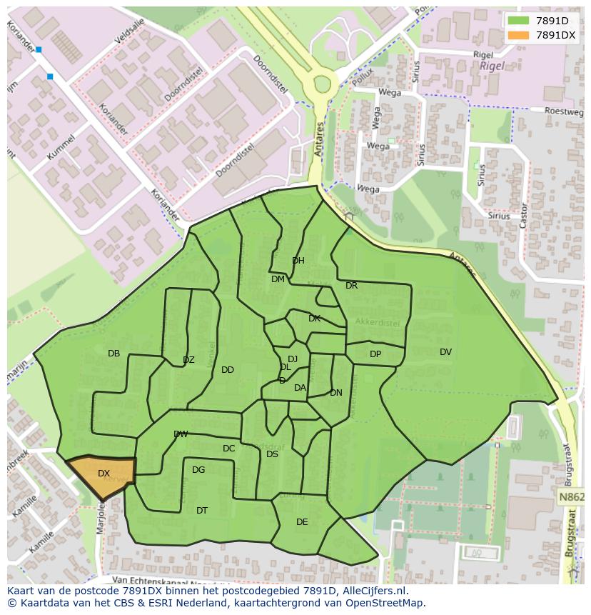 Afbeelding van het postcodegebied 7891 DX op de kaart.