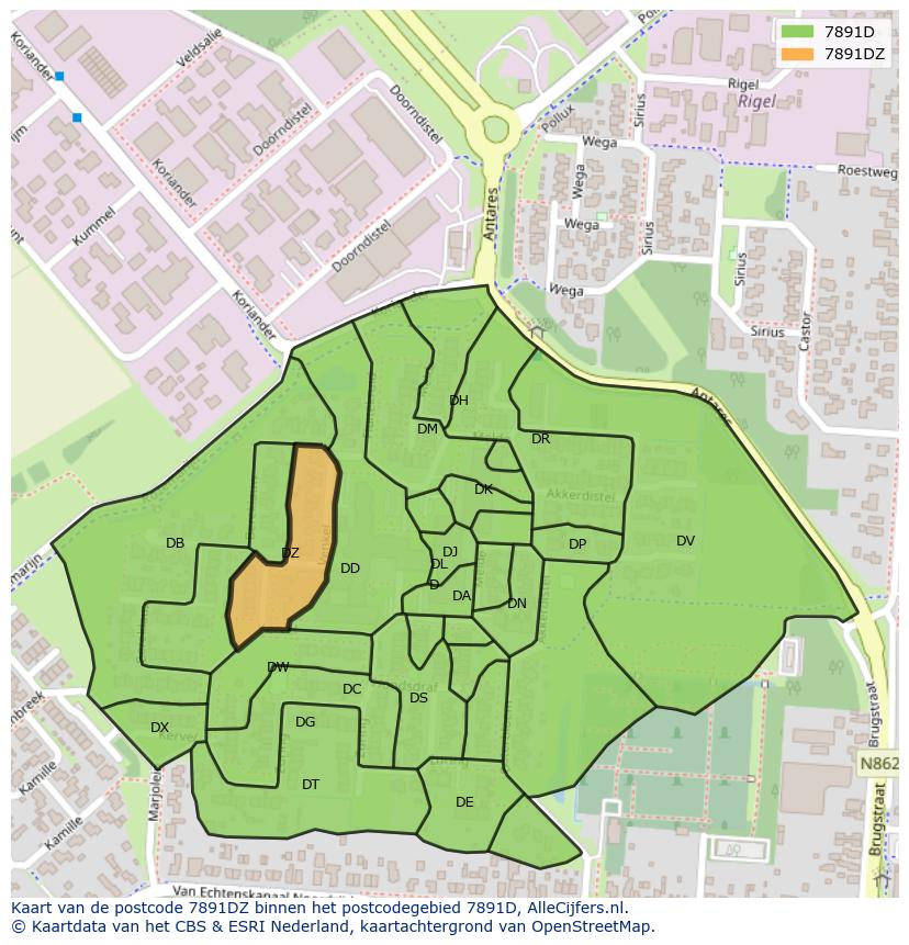 Afbeelding van het postcodegebied 7891 DZ op de kaart.